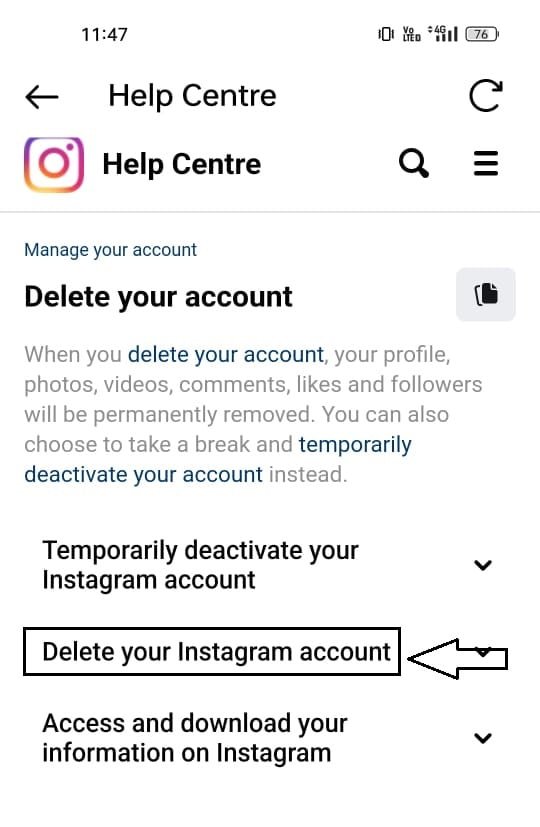 Instagram ka Account delete kre