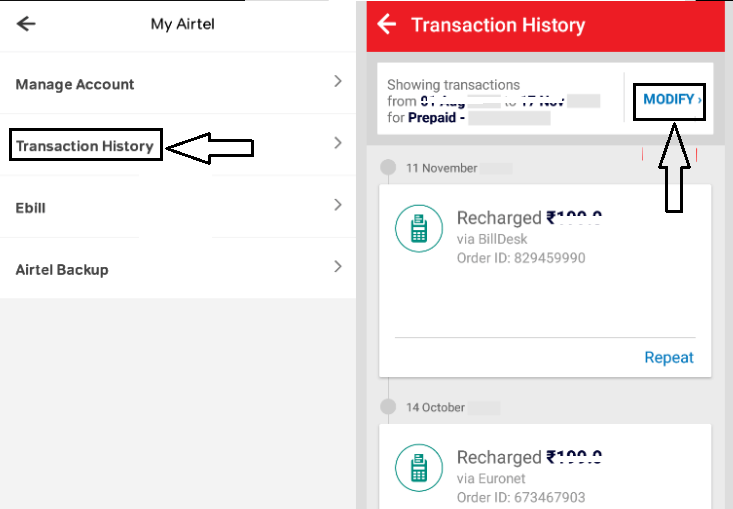 airtel app history