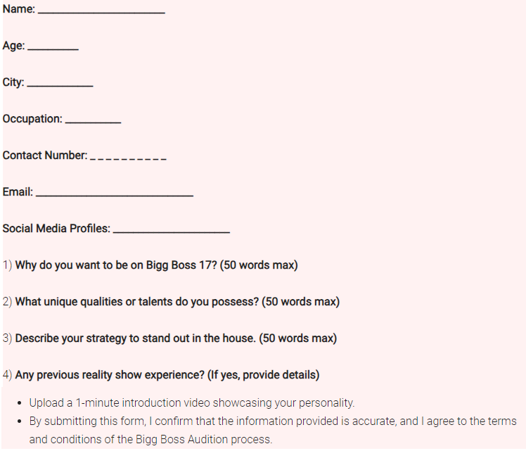Bigg Boss Entry Form for Audition