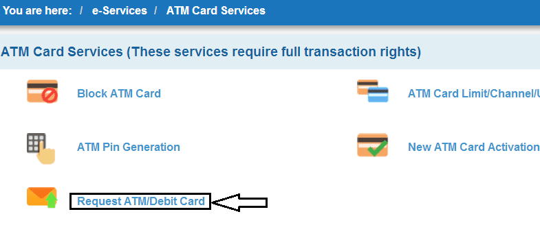 SBI Request For Debit/ATM Card