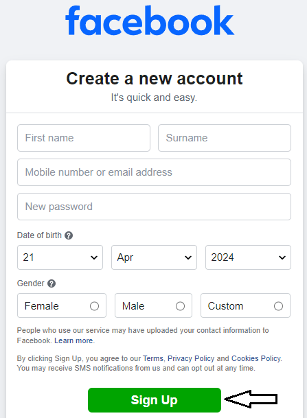 Facebook Sign up