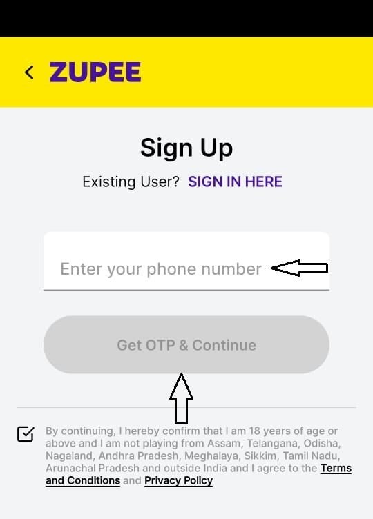 Zupee App Mobile Number Enter