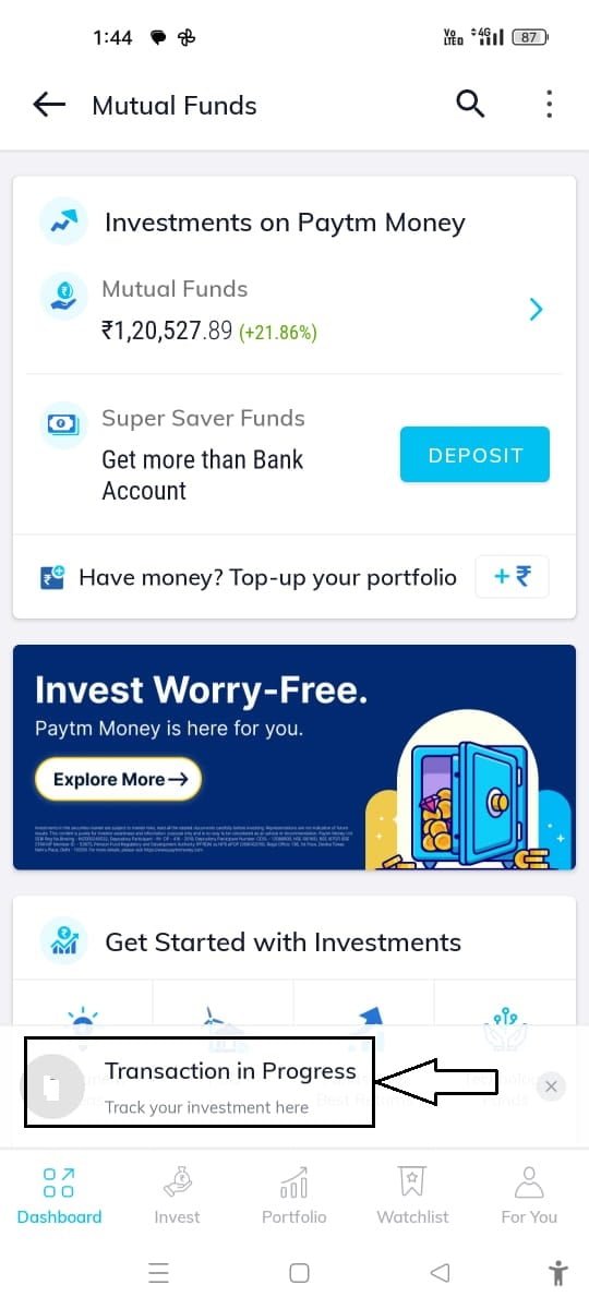 Paytm Mutual Fund Transaction in Progress