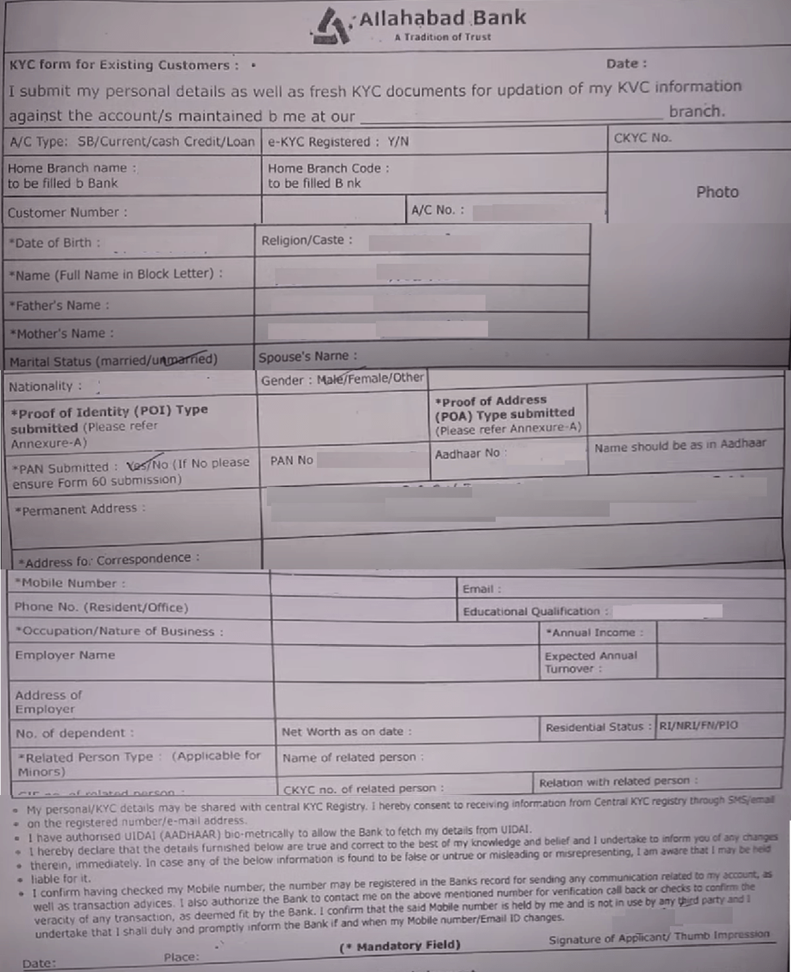 Allahabad Bank KYC Form