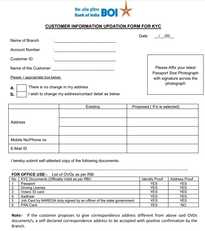 Bank Of India KYC Form Download