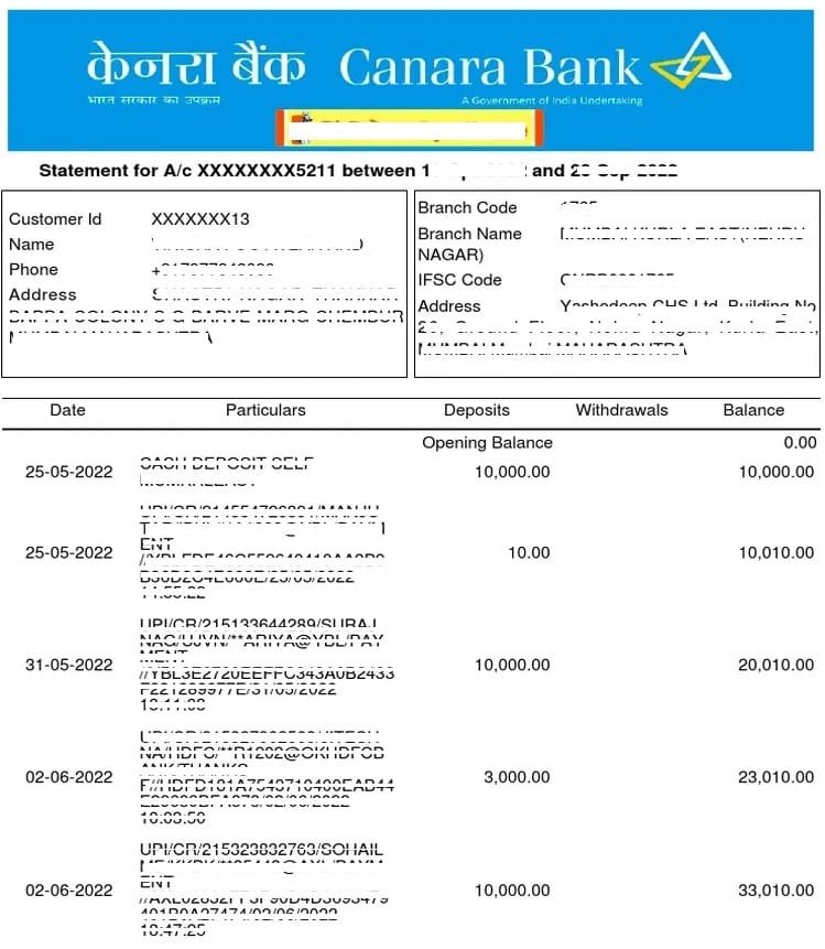 Canara Bank Statement