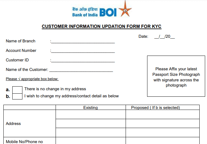 Bank Of India KYC Form