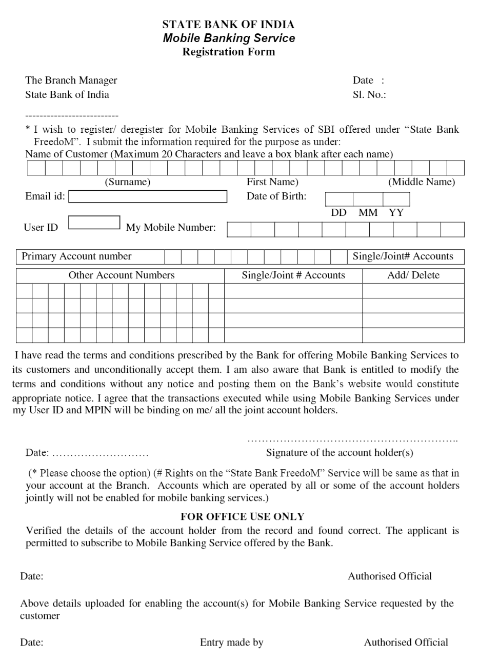 SBI Bank Mobile Number Registration form