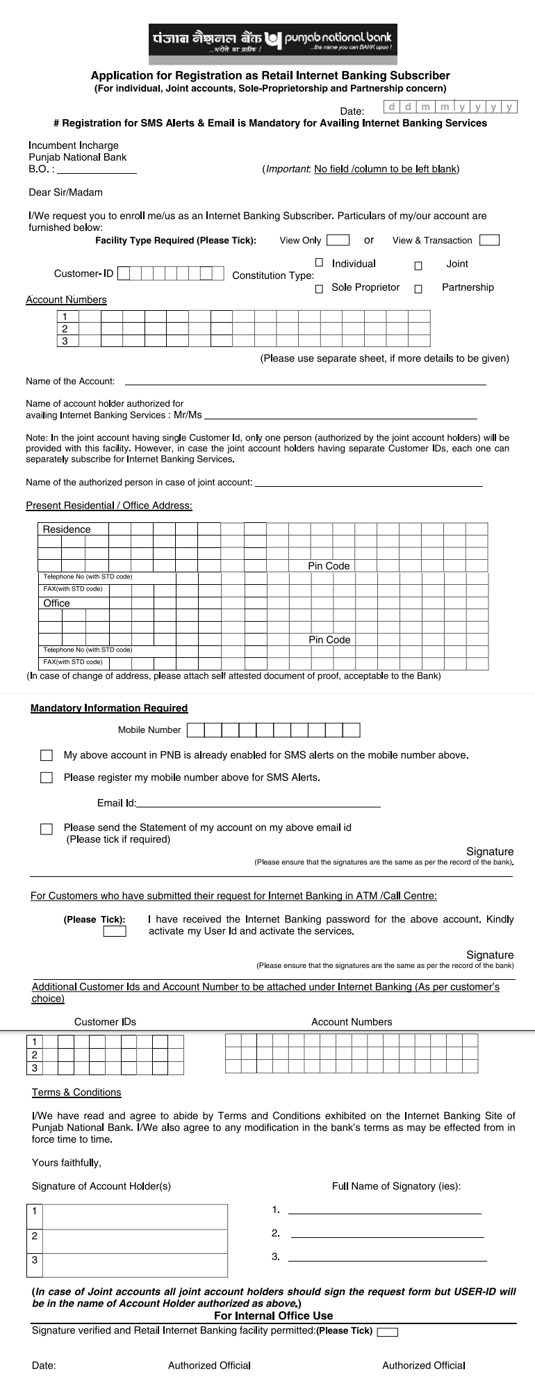 Net Banking PNB Form