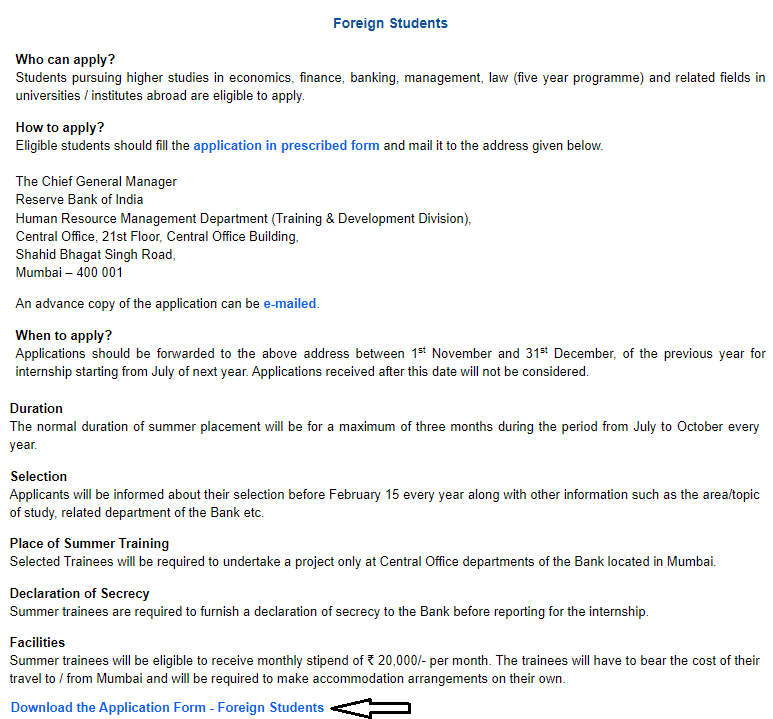 RBI Summer Internship Registration